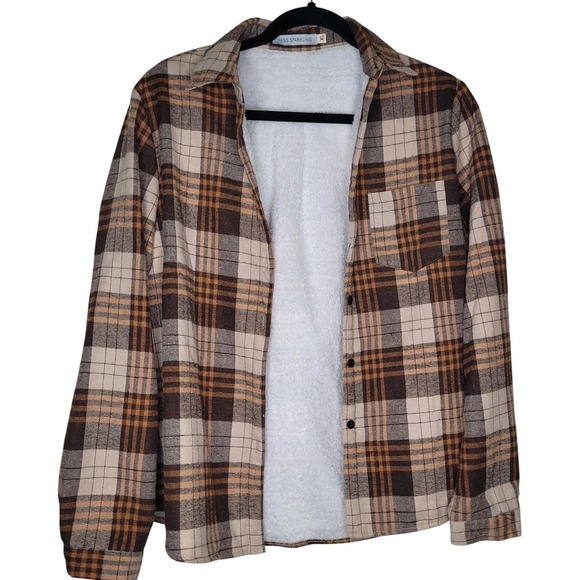 Miss Sparkling Jackets & Blazers - Miss Sparkling Women's Plaid Sherpa Lined Button Jacket XL Brown Beige Orange